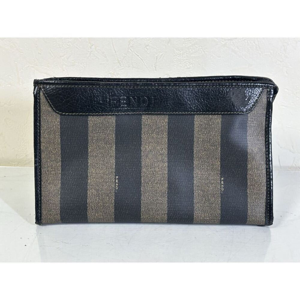 FENDI Pequin Shoulder Bag Leather Clutch Brown